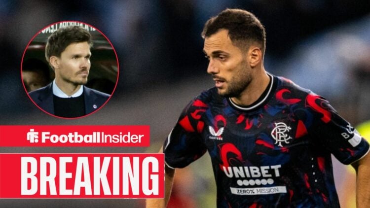 Nedim Bajrami in action for Rangers, with Danny Rohl in a circular inset