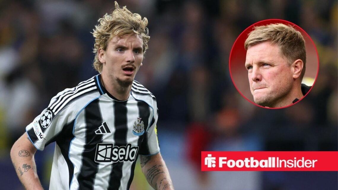 Nick Woltemade in action for Newcastle alongside a circular inset of Eddie Howe