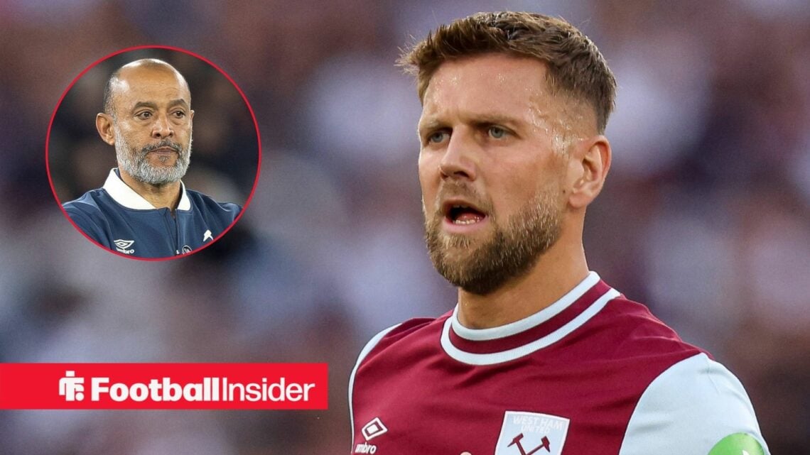 Niclas Fullkrug in action for West Ham, with Nuno Espirito Santo in a circular inset