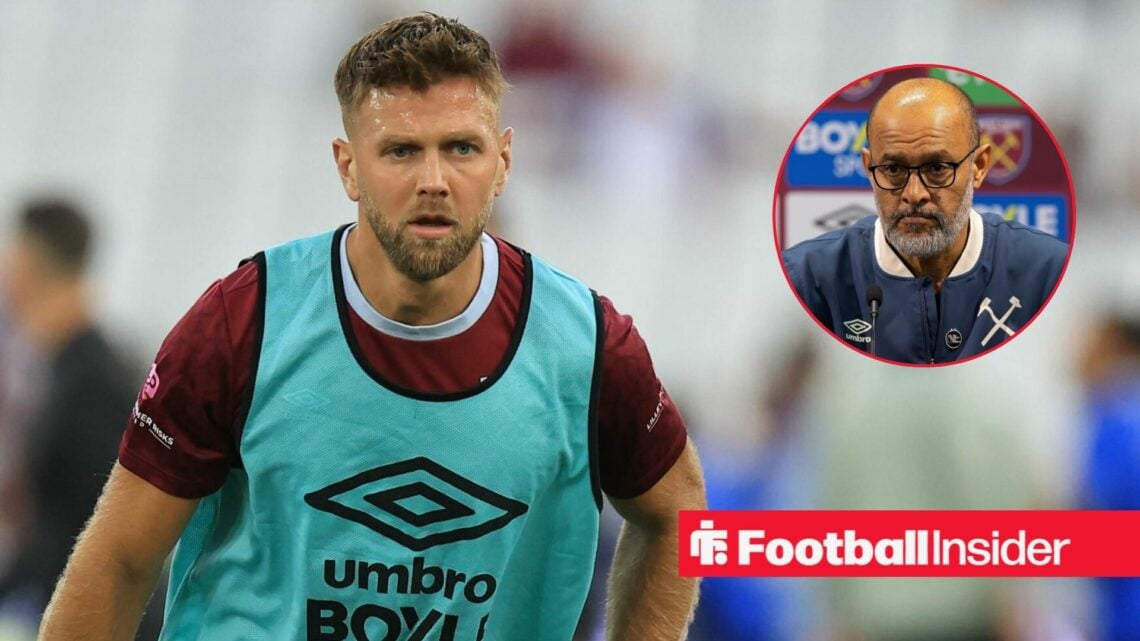 West Ham striker Niclas Fullkrug wamrs up before a game, as manager Nuno Espirito Santo watches on from a circular inset.