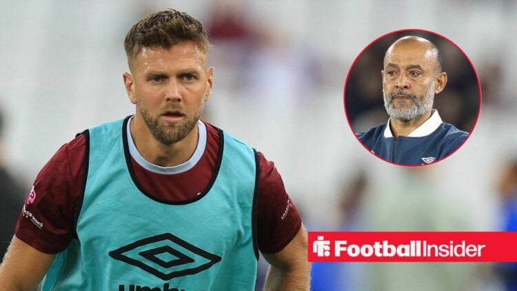 Niclas Fullkrug in a training bib, Nuno Espirito Santo in a circular inset