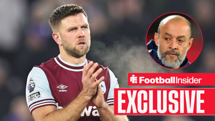 West Ham striker Niclas Fullkrug alongside a circular inset of West Ham manager Nuno Espirito Santo