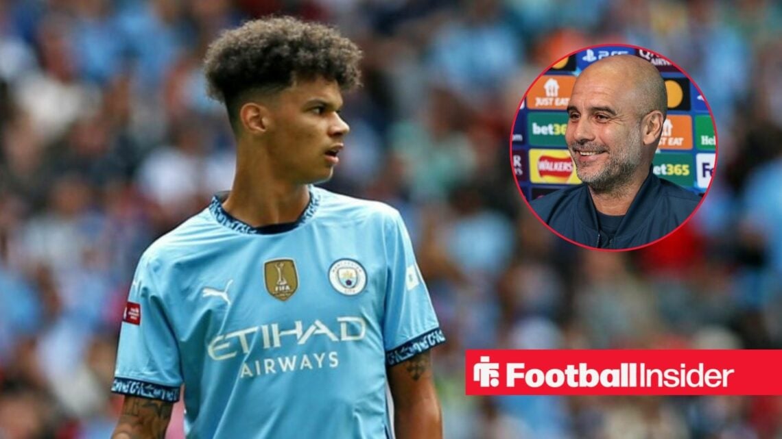 Nico O'Reilly in a Man City shirt with Pep Guardiola included in a circular inset