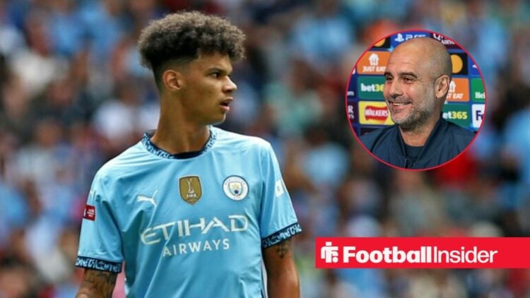 Nico O'Reilly in a Man City shirt with Pep Guardiola included in a circular inset