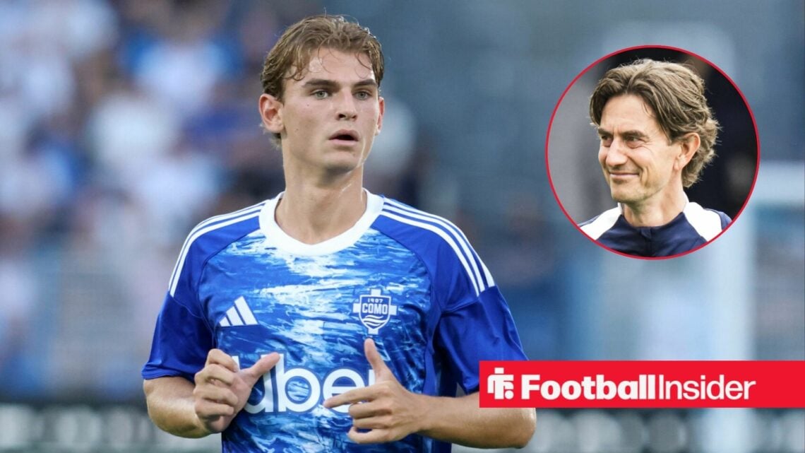 Como midfielder Nico Paz in action during a game, as Tottenham manager Thomas Frank smiles in a circular inset.