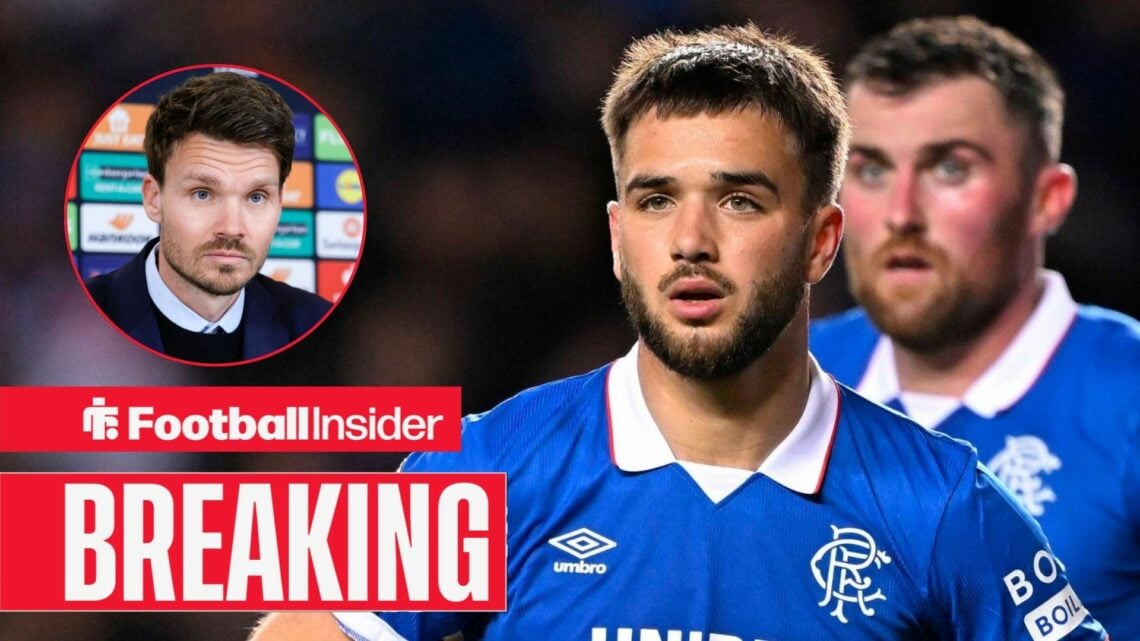 Nicolas Raskin in action for Rangers, with Danny Rohl in a circular inset