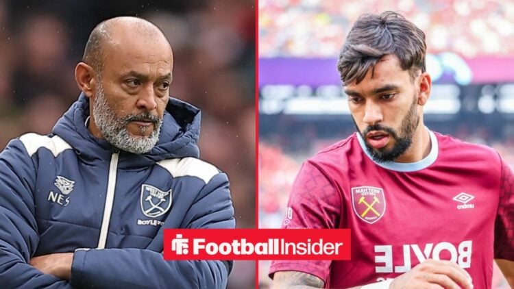 Nuno Espirito Santo on the sidelines at West Ham, with Lucas Paqueta in action