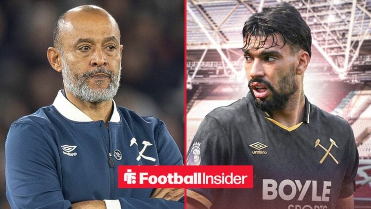 Nuno Espirito Santo with his arms folded alongside Lucas Paqueta in a West Ham shirt