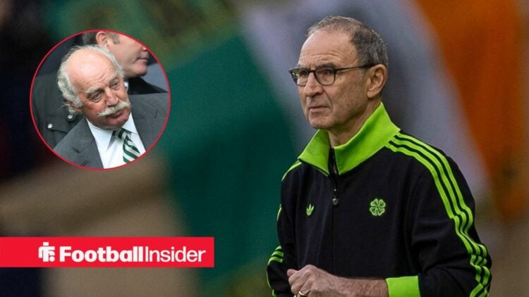 Martin O'Neill on the sidelines at Celtic with Dermot Desmond in a ciruclar inset