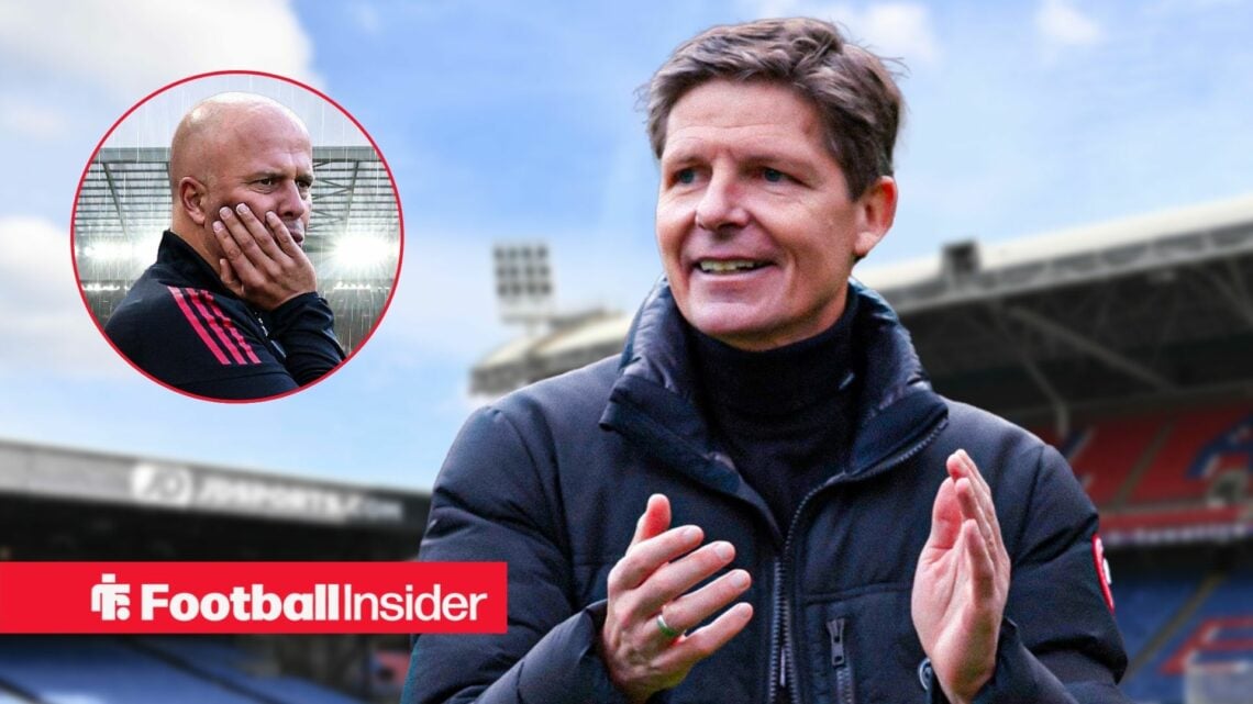 Crystal Palace manager Oliver Glasner applauds as Liverpool boss Arne Slot stands in the rain in a circular inset.