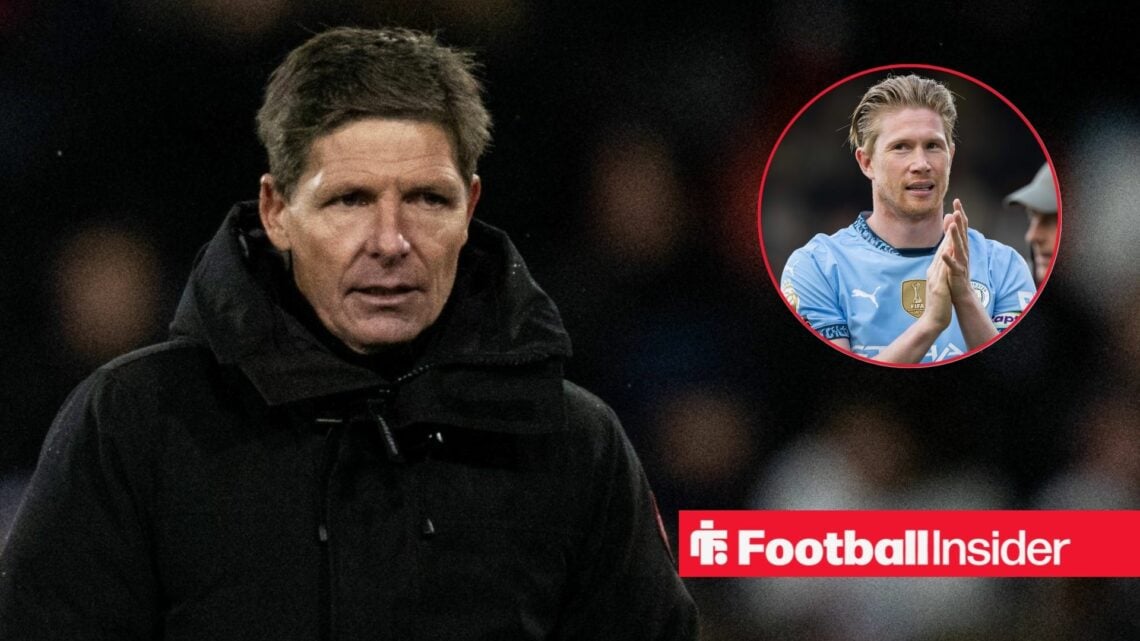 Oliver Glasner on the touchline, Kevin De Bruyne in a circular inset