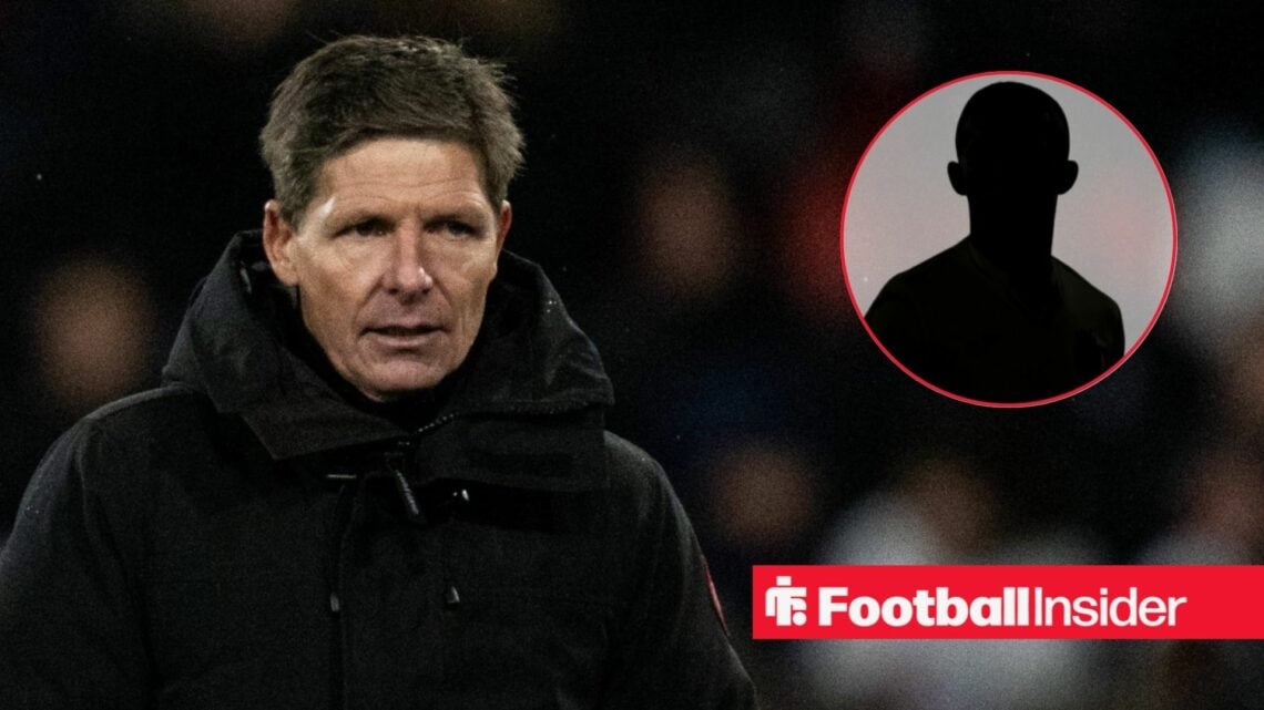 Oliver Glasner on the sidelines, Yeremy Pino's silhouette in a circular inset