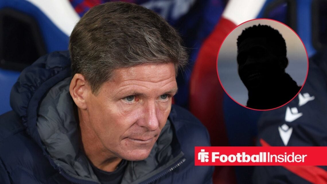 Oliver Glasner looking serious for Crystal Palace on the left with Jefferson Lerma's silhouette on the right
