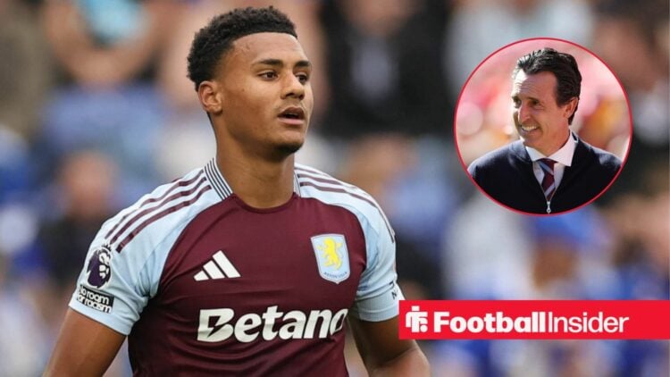 Aston Villa striker Ollie Watkins alongside a circular inset of Aston Villa manager Unai Emery