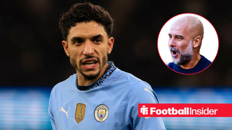 Man City forward Omar Marmoush alongside a circular inset of Pep Guardiola