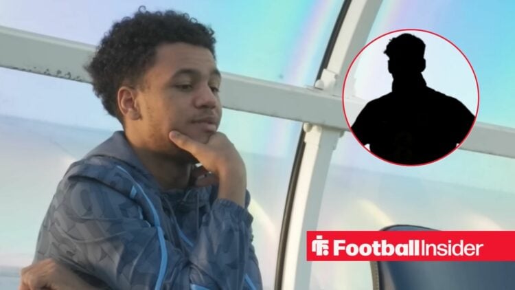 Oscar Bobb sat on the bench, James Trafford's silhouette in a circular inset