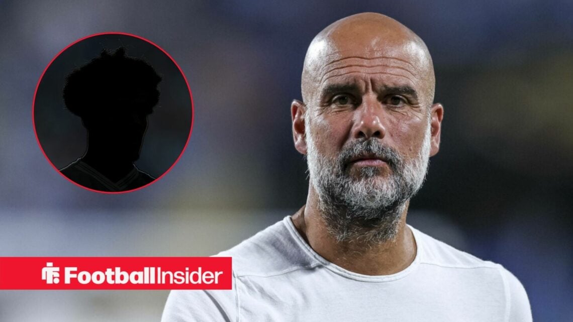 Oscar Bobb's silhouette on the left with Pep Guardiola focused on the right for Man City