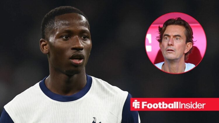 Pape Sarr looking focused for Tottenham with Thomas Frank shocked on the right