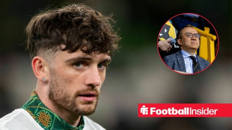 Republic of Ireland's Troy Parrott with Wolves chairman Jeff Shi inset