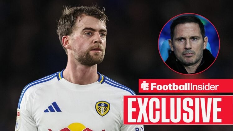 Patrick Bamford looking focused on the left for Leeds with Frank Lampard serious on the right
