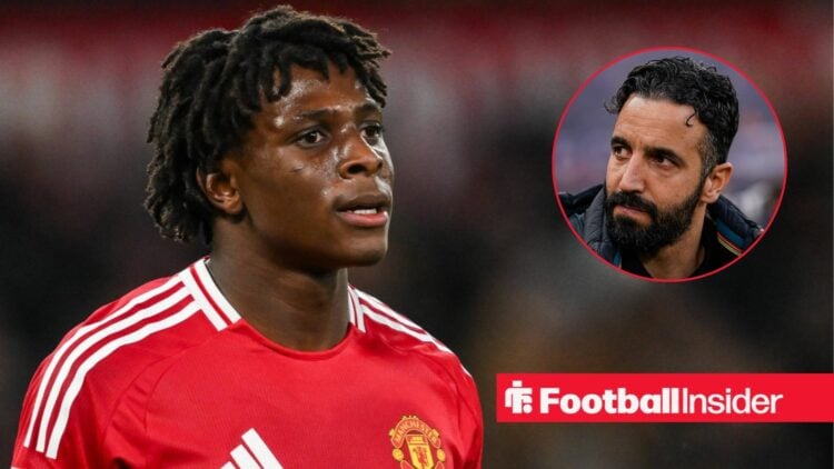 Patrick Dorgu looking focused for Man United with Ruben Amorim looking serious on the right