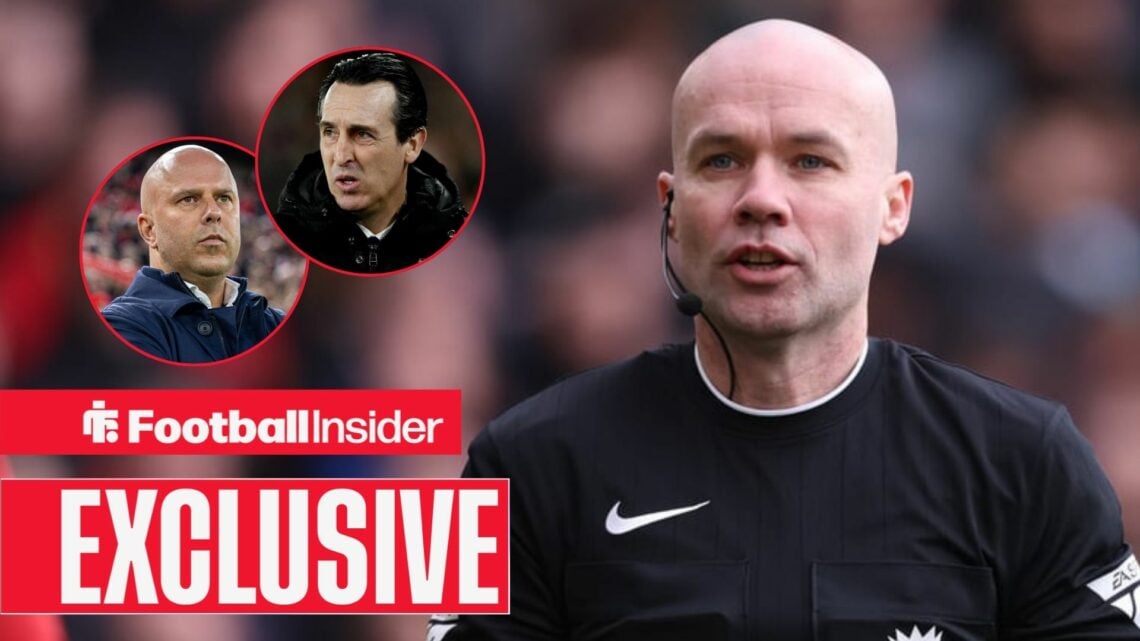 Paul Tierney as referee, Arne Slot and Unai Emery in circular insets