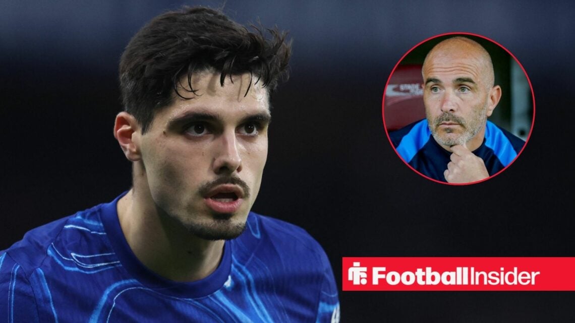 Pedro Neto in action for Chelsea, with Enzo Maresca in a circular inset