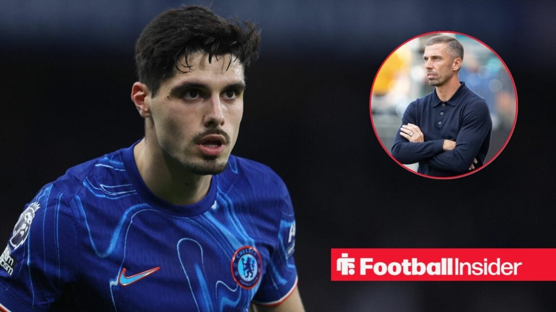 Pedro Neto playing for Chelsea, Gary O'Neil in a circular inset