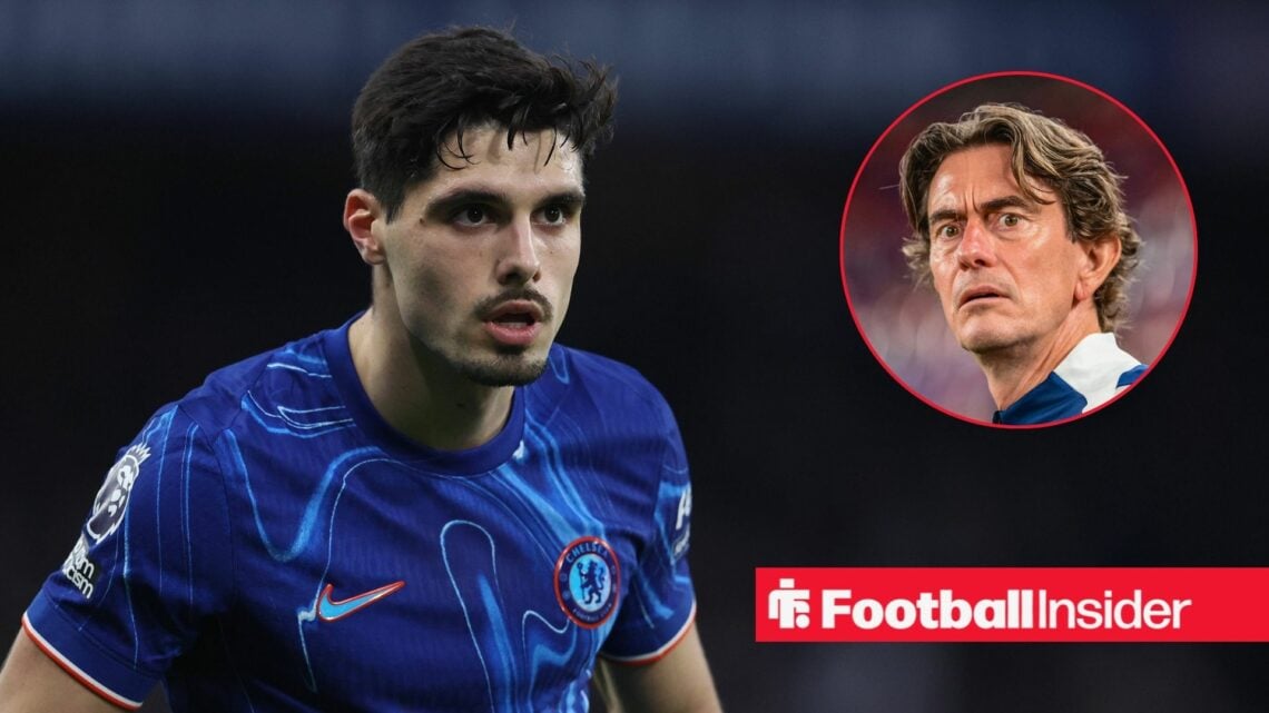 Pedro Neto looking focused for Chelsea with Thomas Frank shocked on the right for Tottenham