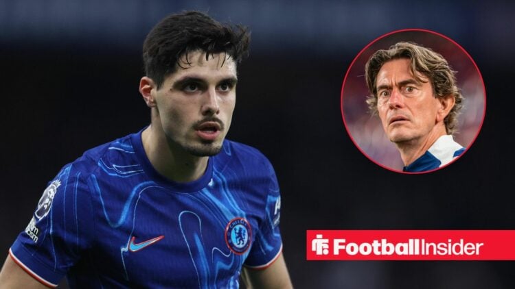 Pedro Neto looking focused for Chelsea with Thomas Frank shocked on the right for Tottenham