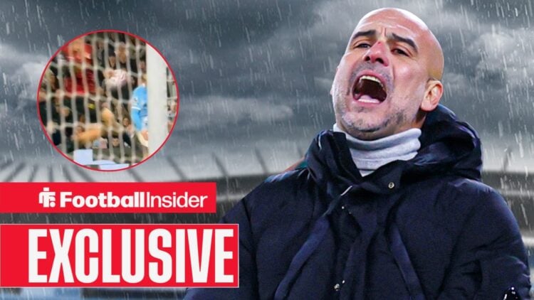 Pep Guardiola shouting, Bernardo Silva penalty claim in a circular inset