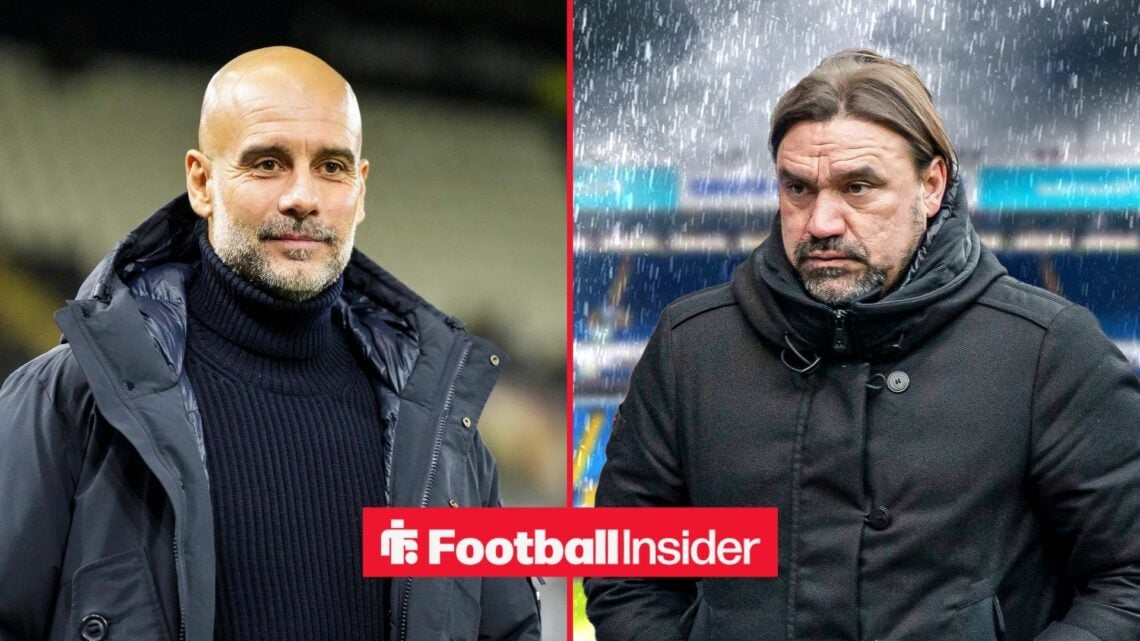 A split image as Manchester City manager Pep Guardiola features in the left half, as Leeds United boss Daniel Farke stands in the rain on the right.