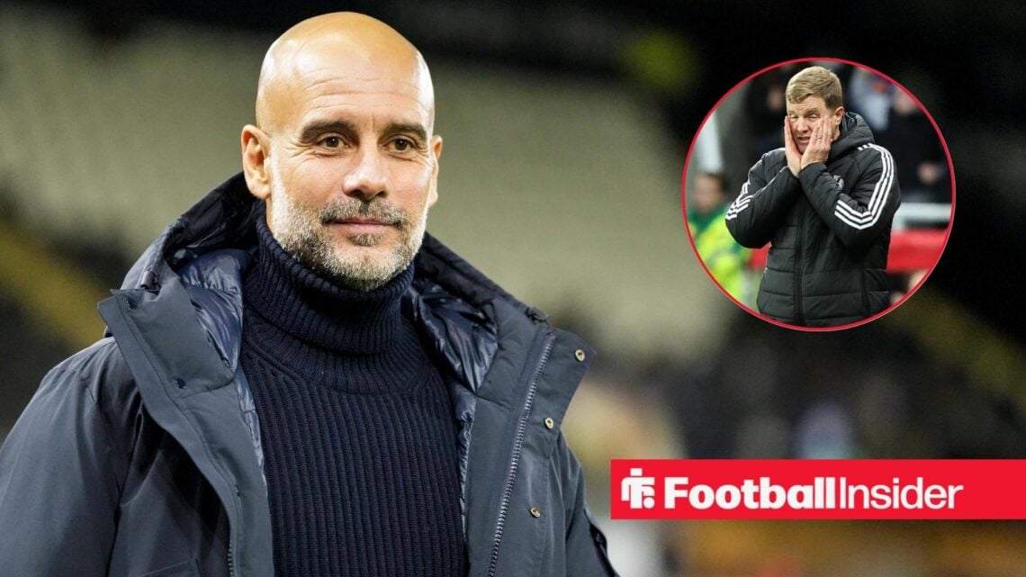 Pep Guardiola smiling on the sidelines, Eddie Howe in a circular inset