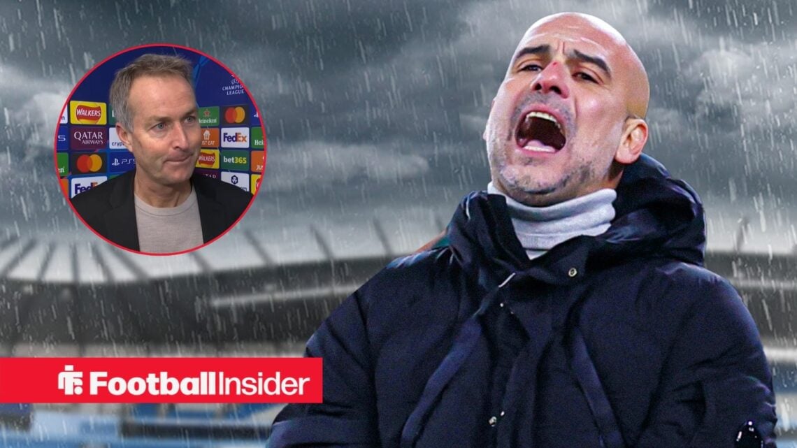 Pep Guardiola in the pouring rain, Kasper Hjulmand in a circular inset
