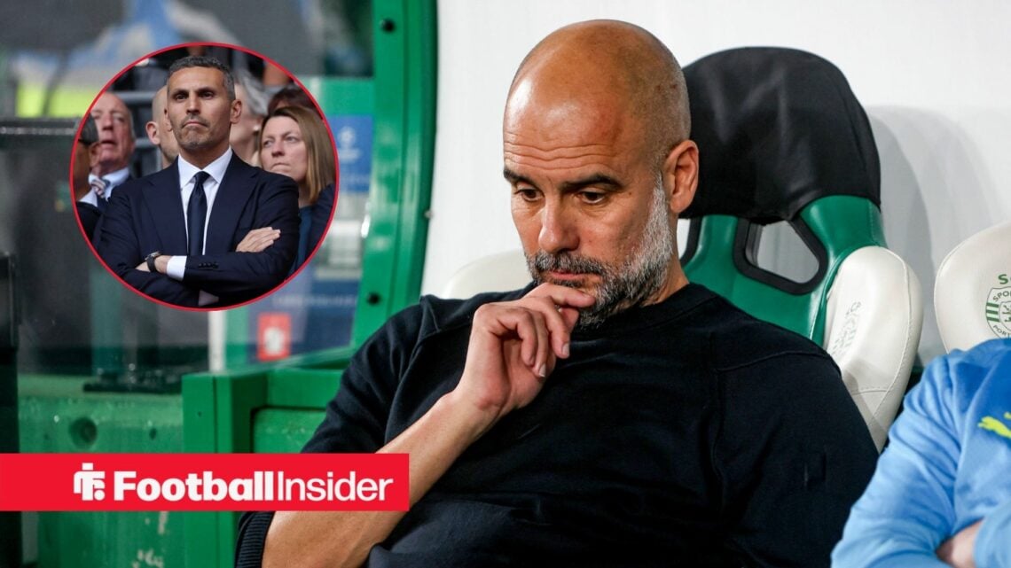 Pep Guardiola thinking with Khaldoon Al Mubarak included in a circular inset