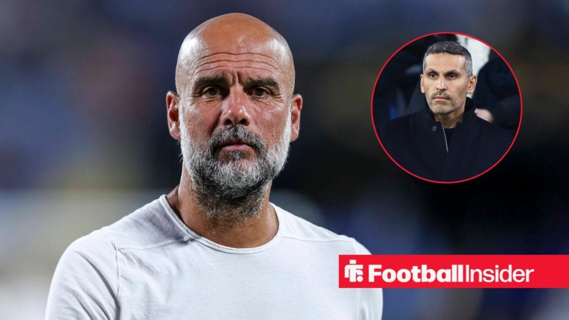Pep Guardiola looking concerned with Khaldoon Al Mubarak included in a circular inset