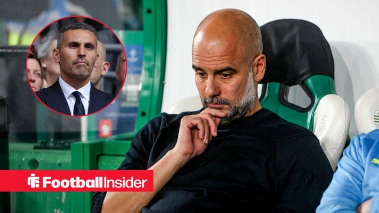 Pep Guardiola with his hand on his chin with Khaldoon Al Mubarak included in a circular inset