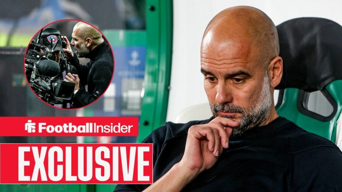 Pep Guardiola looking down, Man City boss clashing with cameraman in a circular inset