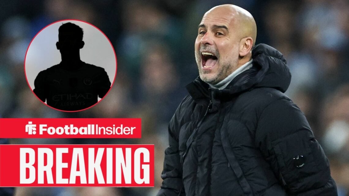 Pep Guardiola shouting, Matheus Nunes' silhouette in a circular inset