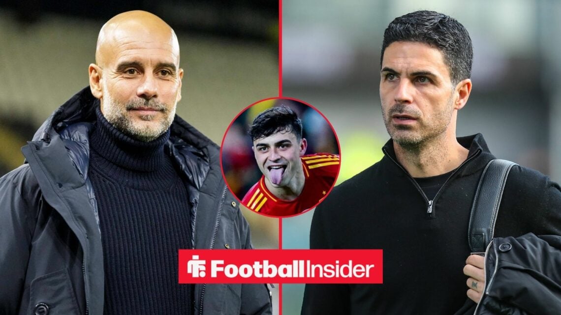 Manchester City manager and Pep Guardiola and Arsenal boss Mikel Arteta feature on either side of a split image, as Pedri is in action for Spain in...