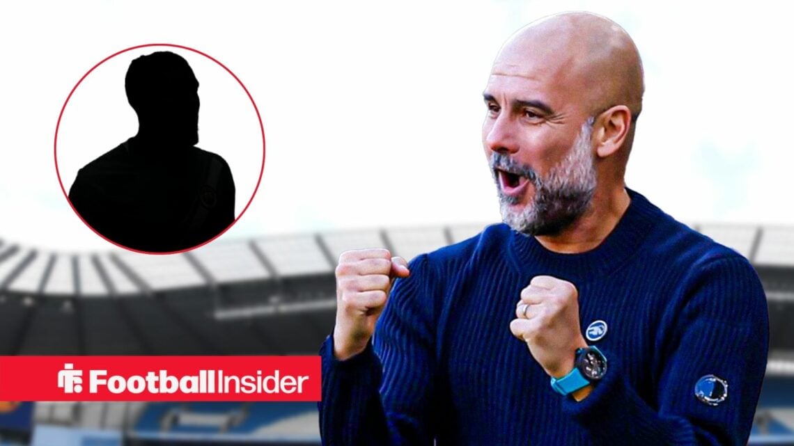 Pep Guardiola celebrating, Rayan Cherki's silhouette in a circular inset