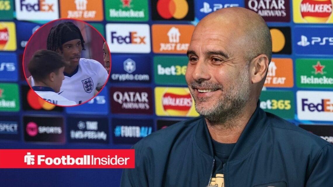 Pep Guardiola in a press conference, Reigan Heskey in a circular inset