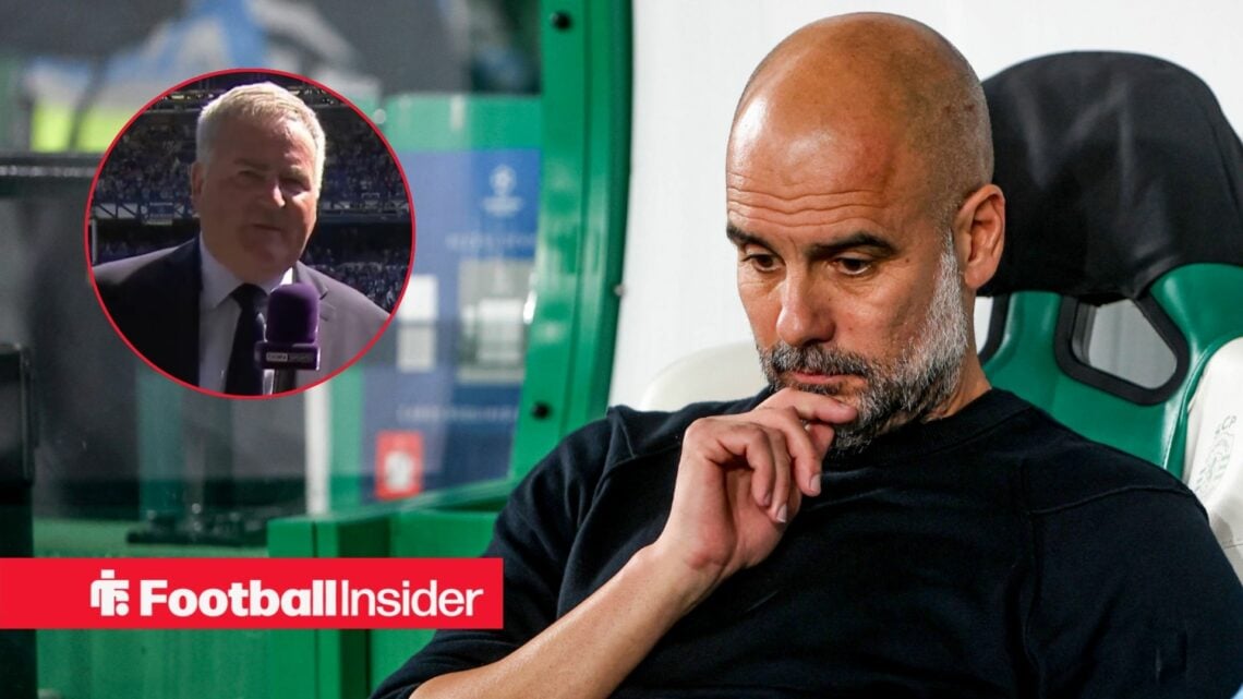 Pep Guardiola in the dugout, Richard Keys in a circular inset