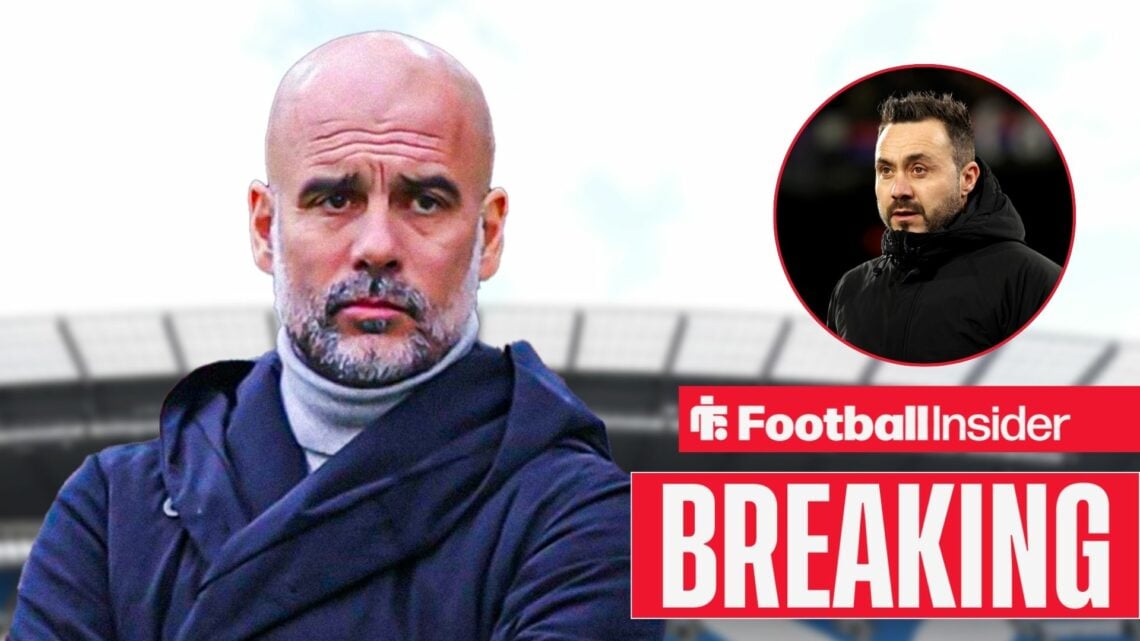 Pep Guardiola with his arms crossed at the Etihad, and Roberto de Zerbi in a circular inset