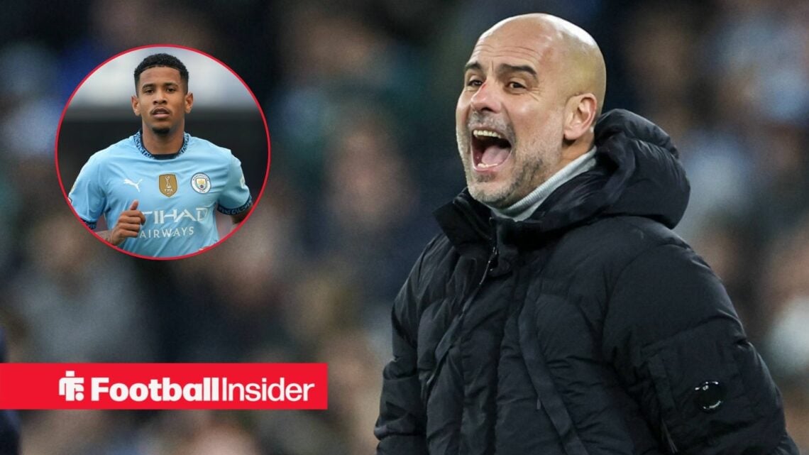 Pep Guardiola shouting, Savinho in a circular inset