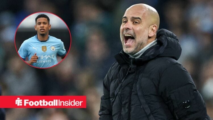 Pep Guardiola shouting, Savinho in a circular inset
