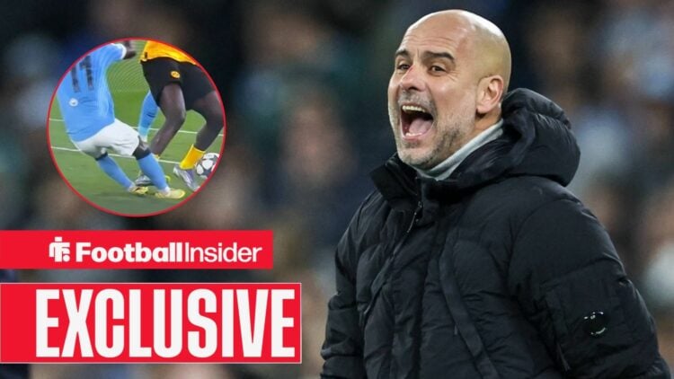 Pep Guardiola shouting, Serhou Guirassy's challenge on Jeremy Doku in a circular inset