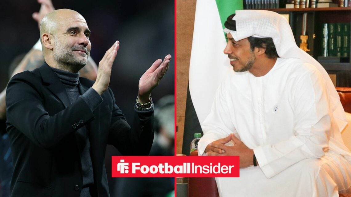 Pep Guardiola clapping alongside Sheikh Mansour smiling