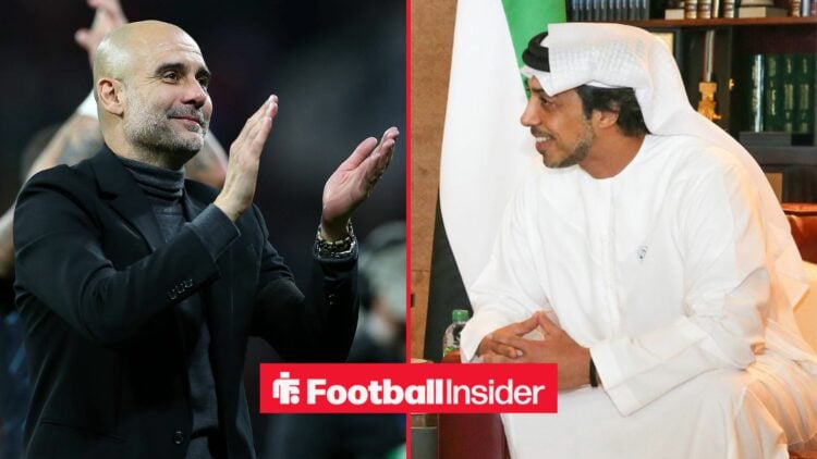 Pep Guardiola clapping alongside Sheikh Mansour smiling