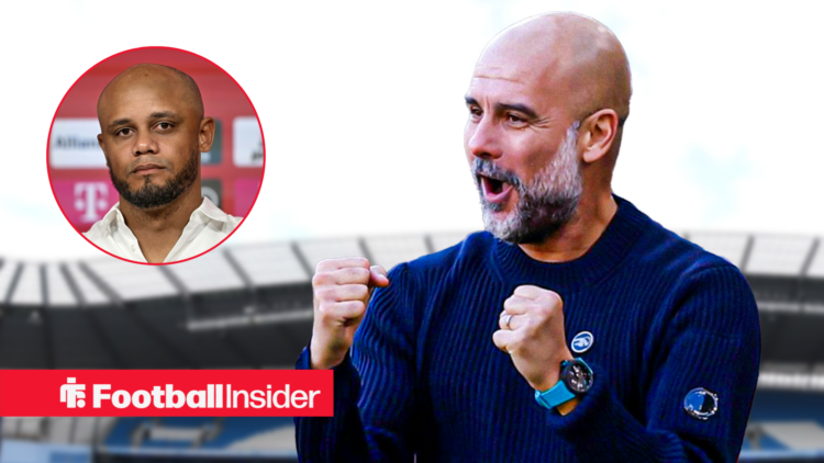 Man City manager Pep Guardiola against a back drop of Etihad Stadium alongside a circular inset of Vincent Kompany